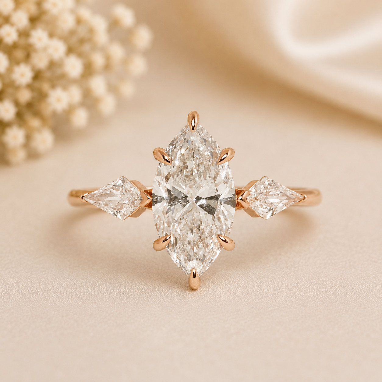14K Gold | RG 2.51CT 3 Stone Marquise Lab Diamond Engagement Ring