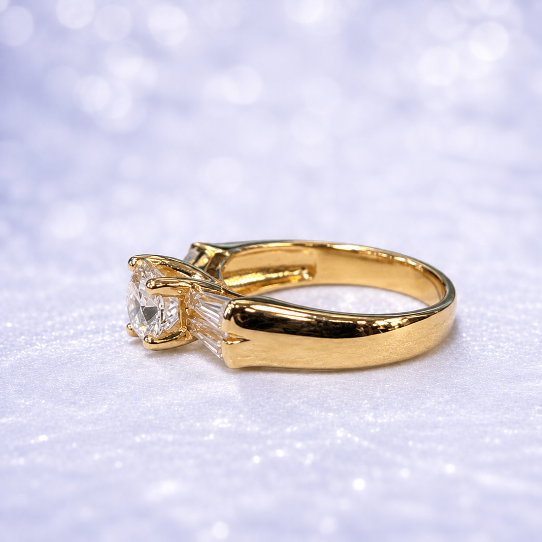 14K Gold Round-Cut Engagement-Style Ring with Baguettes