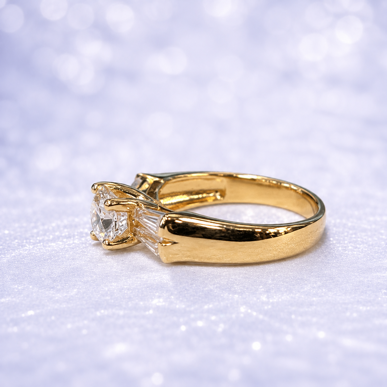 14K Gold Round-Cut Engagement-Style Ring with Baguettes