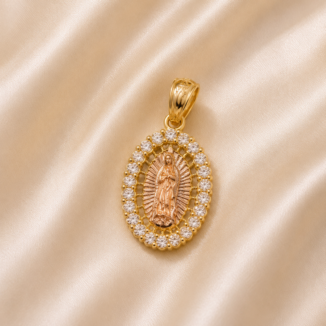 Gold pendant with religious figure design on a beige satin background 14K Gold | Round CZ Tricolor Virgin Mary Pendant small charm 