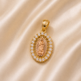 Gold pendant with religious figure design on a beige satin background 14K Gold | Round CZ Tricolor Virgin Mary Pendant small charm 