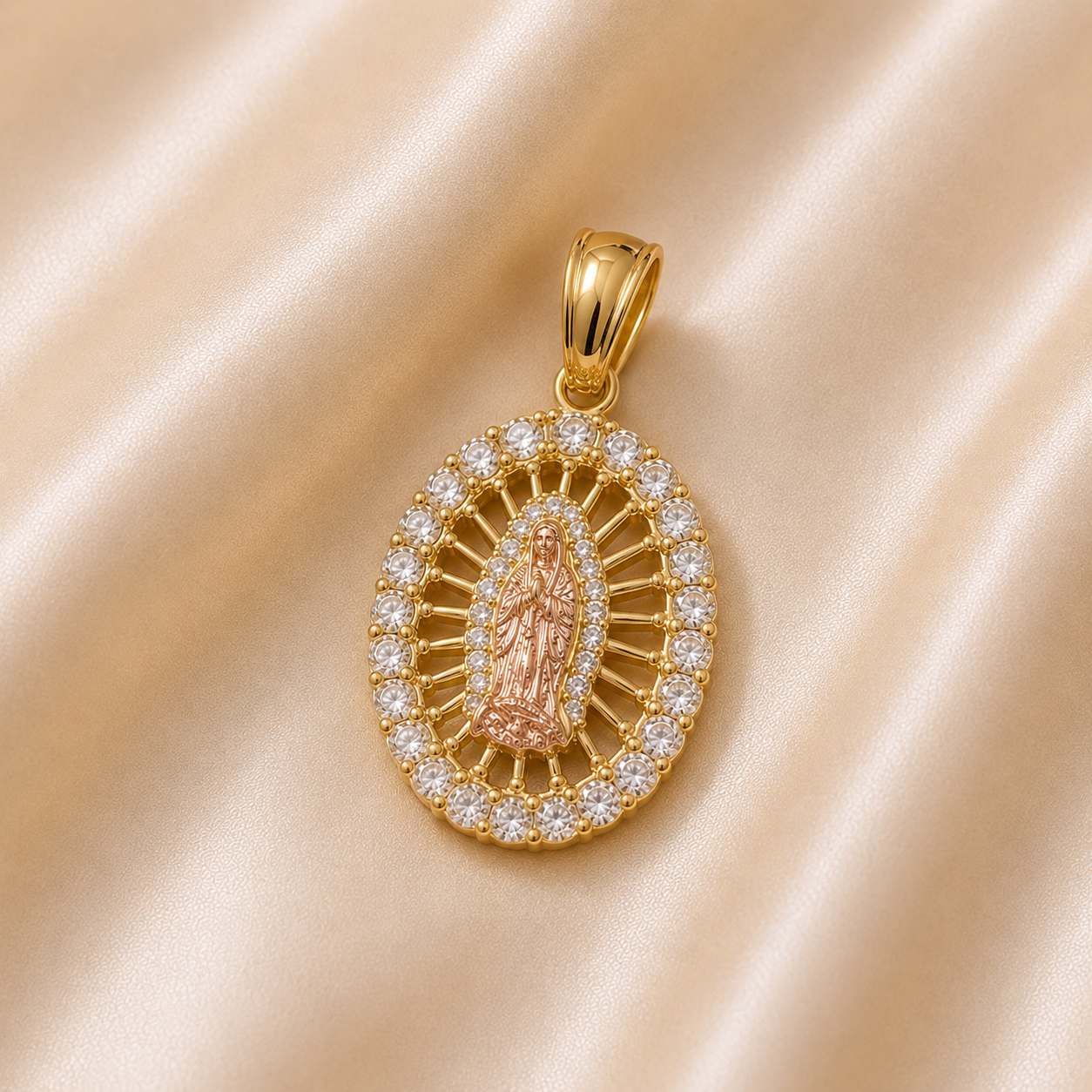 Gold pendant with religious figure design on a beige fabric background 14K Gold | Round CZ Tricolor Virgin Mary Pendant