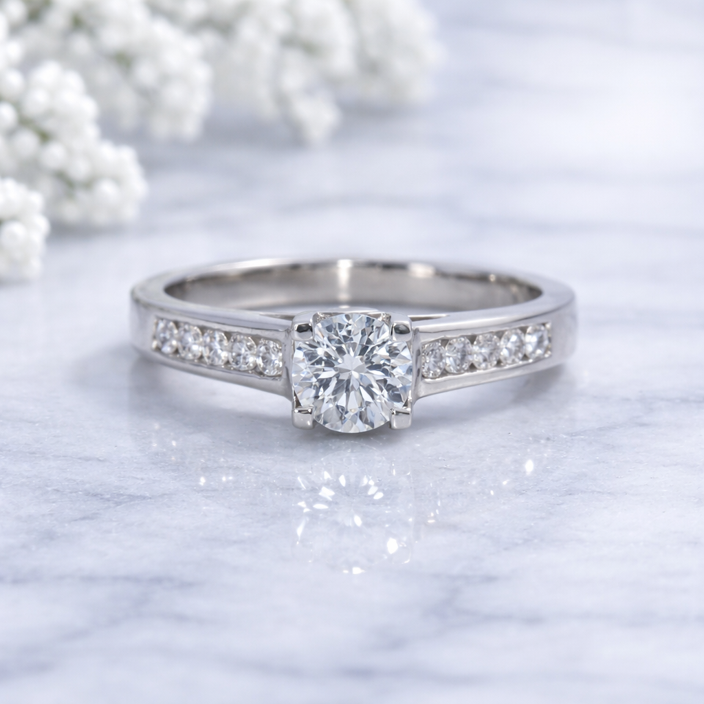 14K Gold | Round Cut .5ct Natural Diamond with .25ct White Gold Setting Engagement Ring