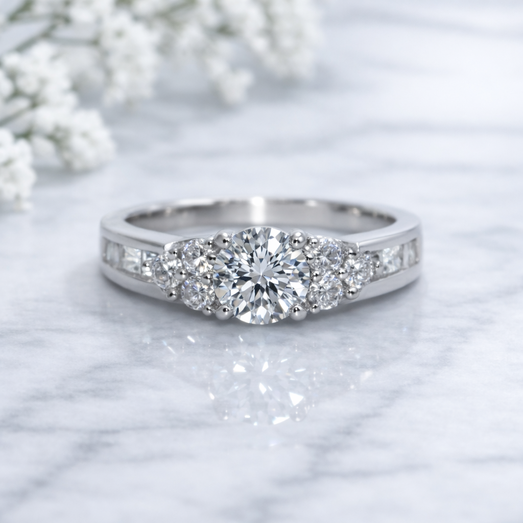14K Gold | Round Cut 1.02ct Natural Diamond with .85ct WG Setting Engagement Ring
