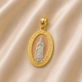 Gold and silver pendant with religious figure on a beige fabric background 14K Gold | Round Desgined Tricolor Virgin Mary Pendant