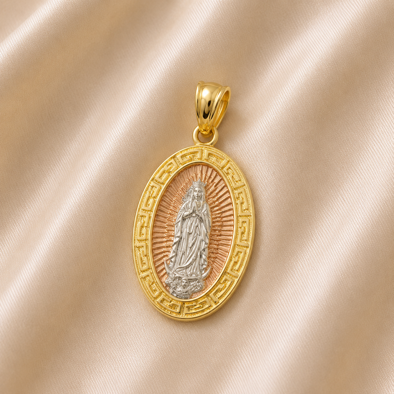 Gold and silver pendant with religious figure on a beige fabric background 14K Gold | Round Desgined Tricolor Virgin Mary Pendant
