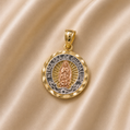 Gold and silver pendant with 'Nuestra Señora de Guadalupe' on a beige fabric background 14K Gold | Round Tricolor NTRA. SRA. De Guadalupe