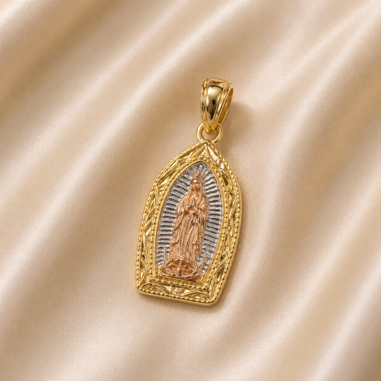 14K Gold | Small Tricolor Traditional Virgin Mary Pendant