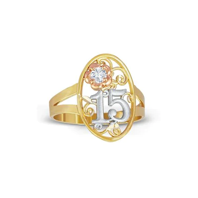 14K Gold | Triciolor 15 Ring with Flower for Quinceañera "Sweet 15"