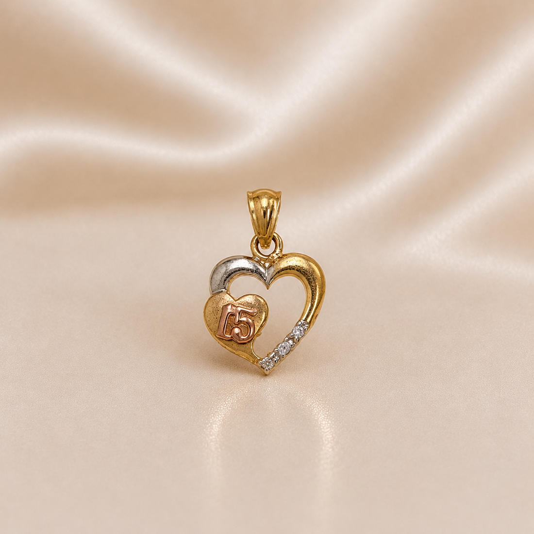 14K Gold | Tricolor Double Heart 15 Pendant for Quinceañera "Sweet 15"