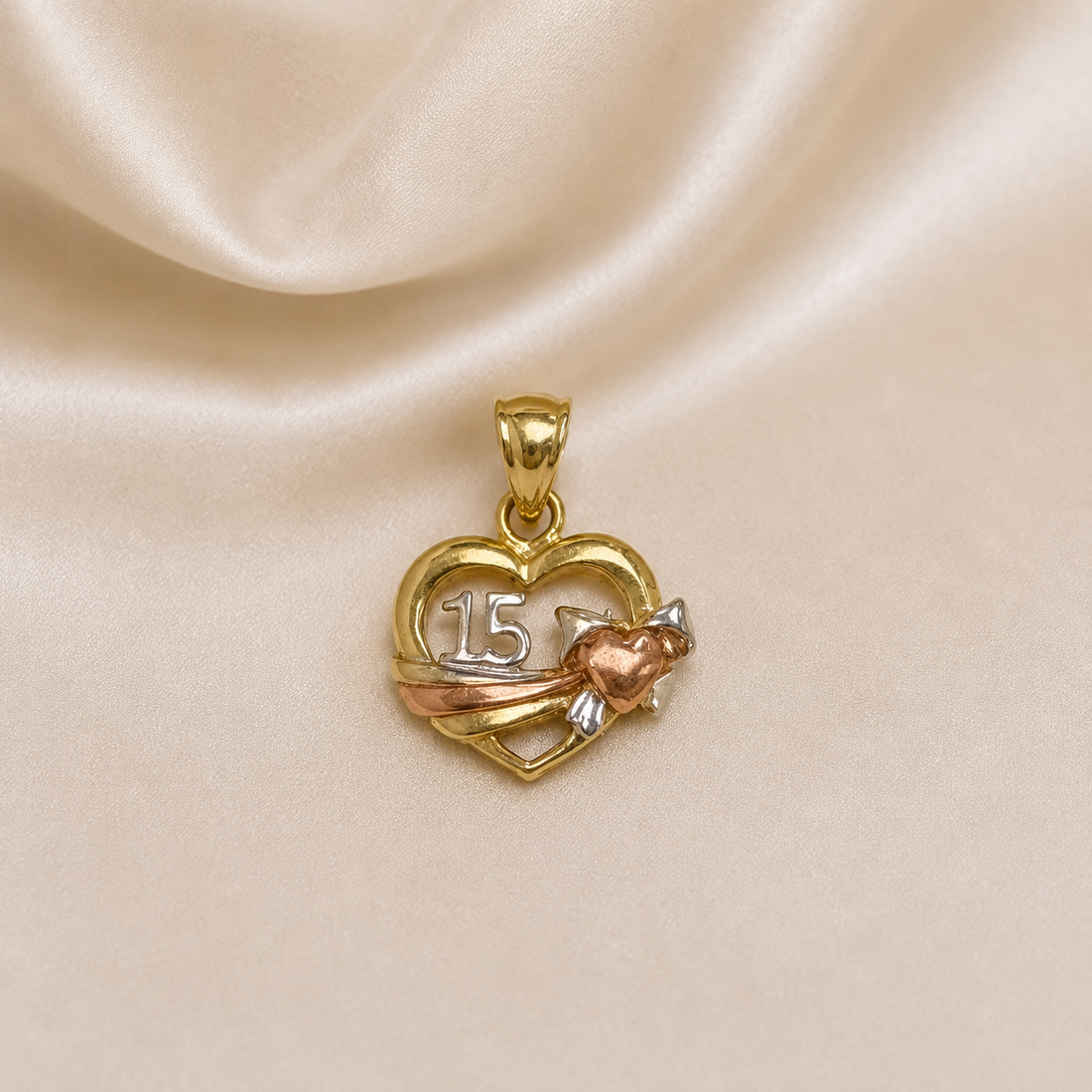 14K Gold | Tricolor Double Heart Pendant for Quinceañera "Sweet 15"