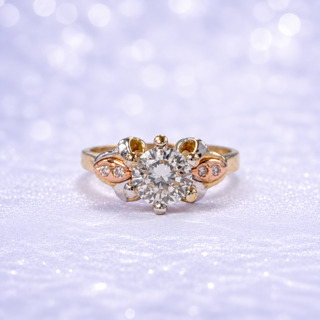 14K Gold | Tricolor Gold Flower-Inspired Engagement Ring with CZ