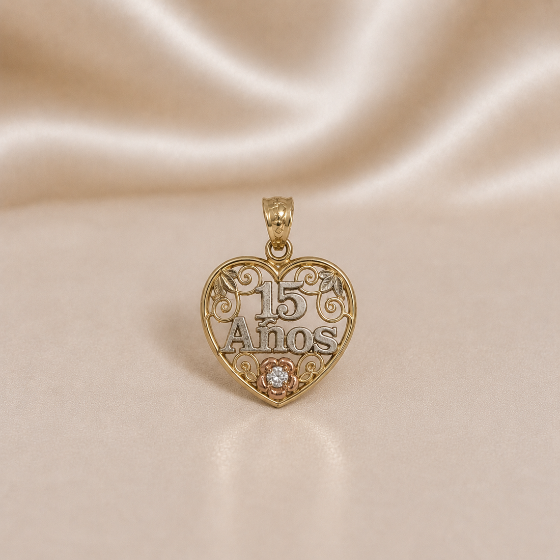 14K Gold | Tricolor Gold Heart 15 Años Quinceañera Pendant with Floral Accent
