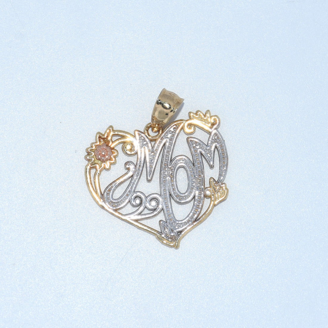 14K Gold | Tricolor Mom Heart Pendant charm yellow rose and white gold