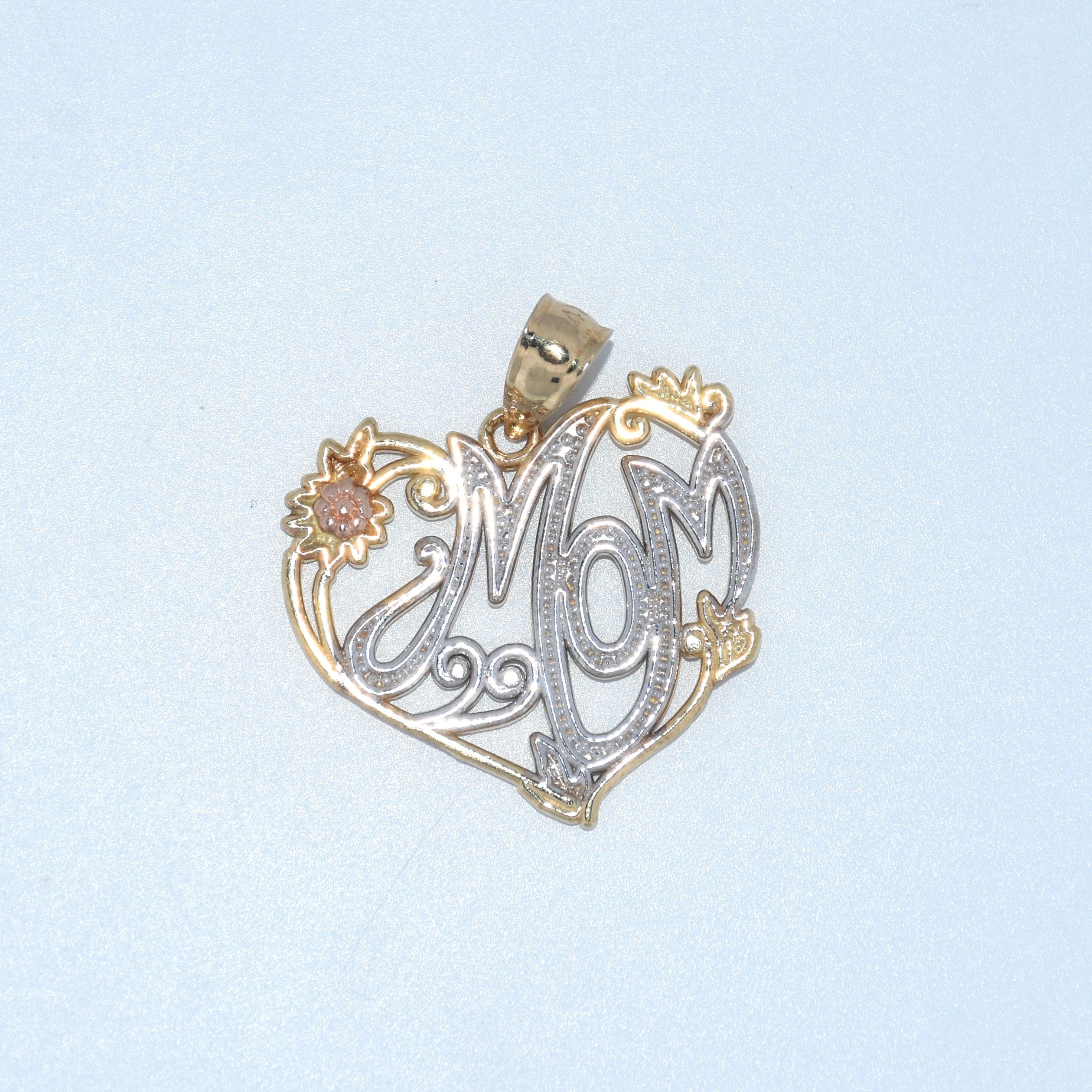 14K Gold | Tricolor Mom Heart Pendant charm yellow rose and white gold