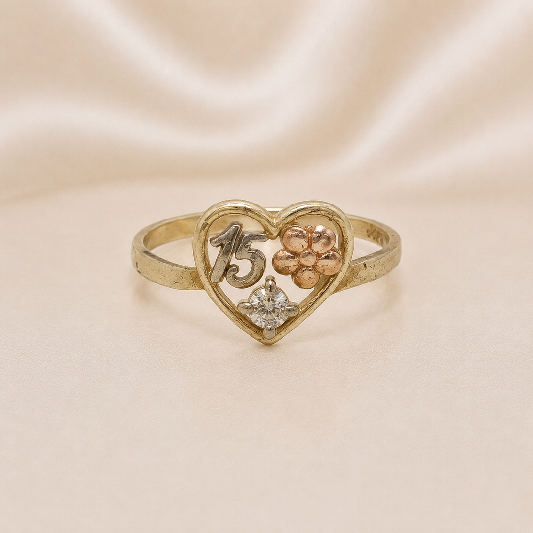 14K Gold | Tricolor Quinceañera "Sweet 15" Heart Ring with CZ & Rose Gold Flower