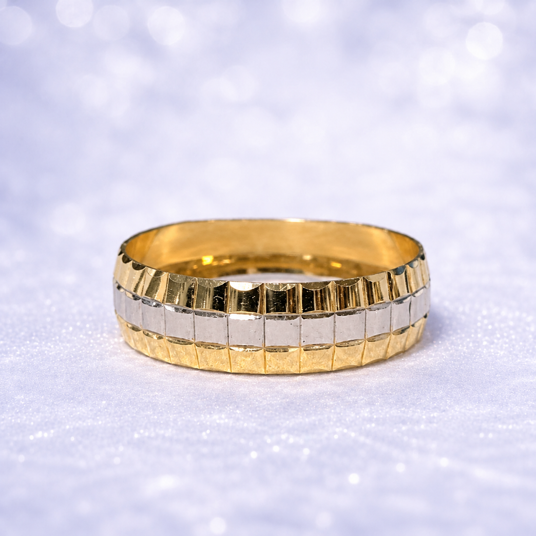 14K Gold | Two-Tone Wide Wedding Band with Faceted Finish