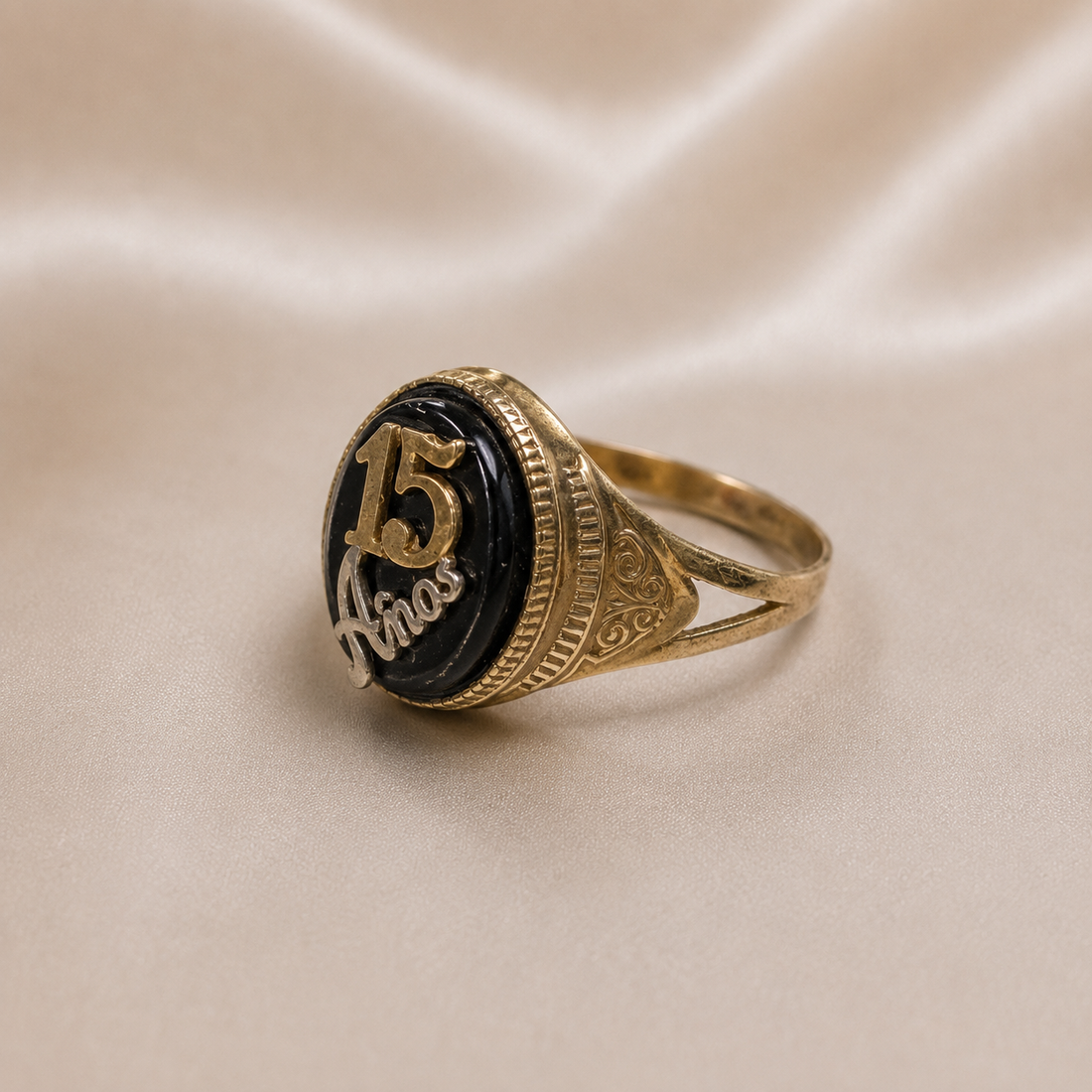 14K Gold | Two Tone 15 Años Black Onyx Signet-Style Ring for Quinceañera "Sweet 15"
