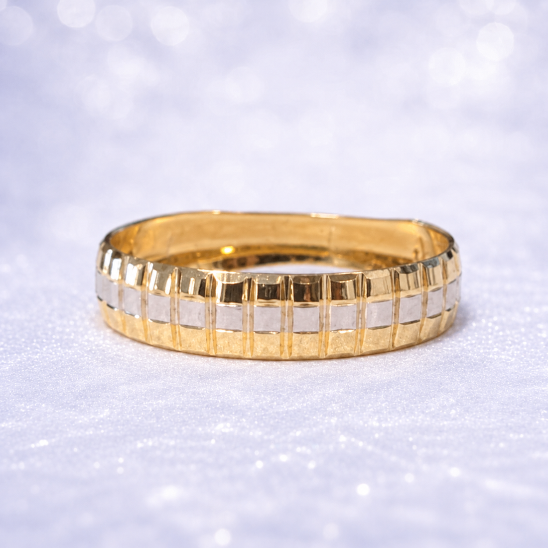 14K Gold | Two Tone Wide Textured Band with WG Center Stripe