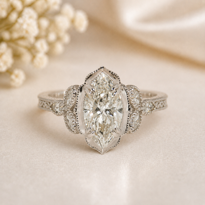 14K Gold | WG 2.05CT Marquise Vintage Cathedral Lab Diamond Engagement Ring