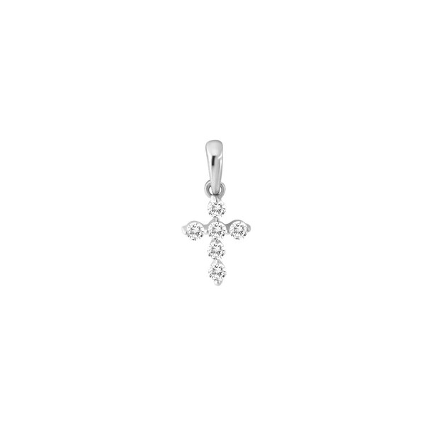 Silver cross pendant with small diamonds on a white background
