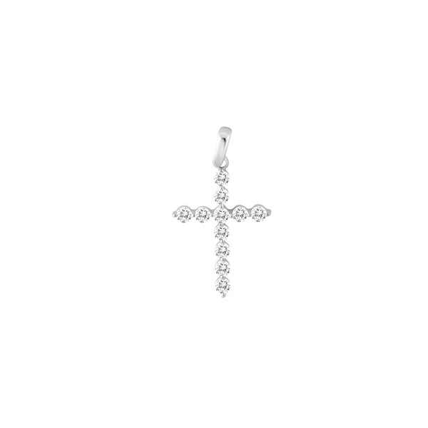 Silver cross pendant with small diamonds on a white background