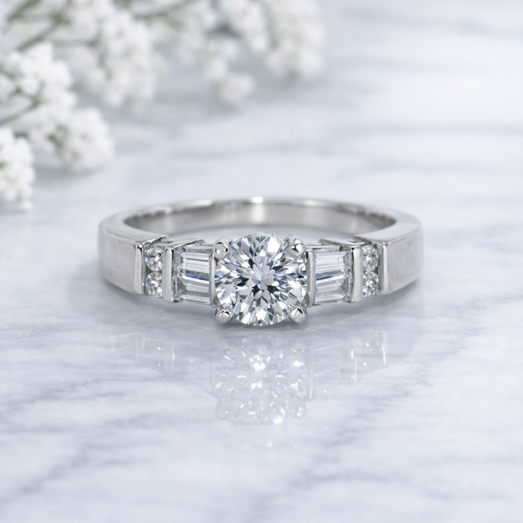 14K Gold | White Gold .68ct Round Cut Natural Diamond with .40ct Baguette and Round Side Stones