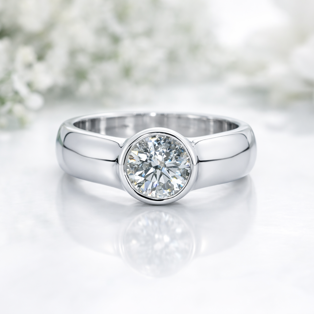 14K Gold | White Gold 1.02ct Natural Diamond Round Bezel-Set Solitaire Engagement Ring with Wide Polished Band