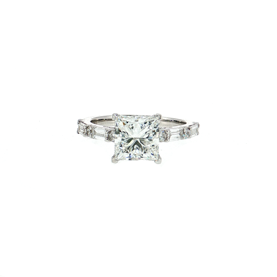 14K Gold | White Gold 2.07 CT Princess Cut Diamond Engagement Ring with Hidden Halo and Baguette Diamond Accents