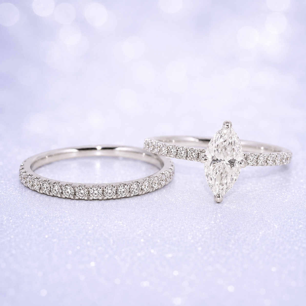 14K Gold | White Gold Bridal Ring Set 1CT Marquise Lab Diamond with Pavé-Prong and Matching Half Eternity Wedding Band