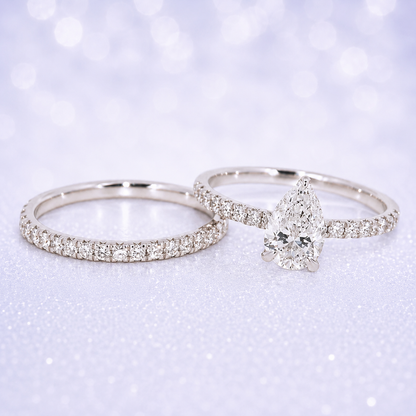 14K Gold | White Gold Bridal Ring Set 1CT Pear Lab Diamond with Pavé-Prongs and Matching Half Eternity Wedding Band