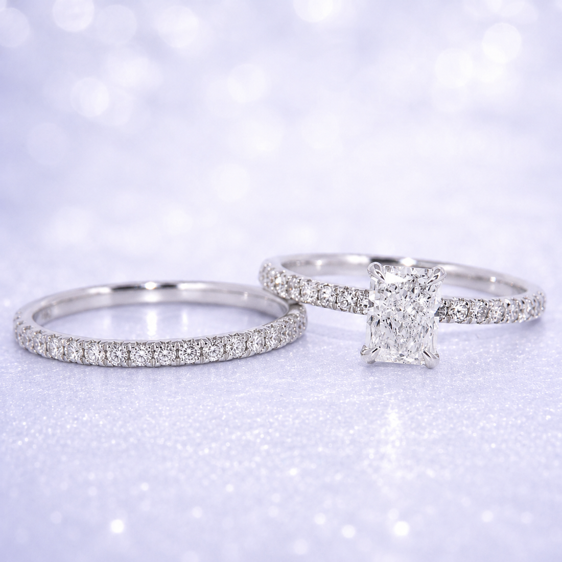 14K Gold |  White Gold Bridal Ring Set 1CT Rectangular Lab Diamond with Matching Half Eternity Wedding Band
