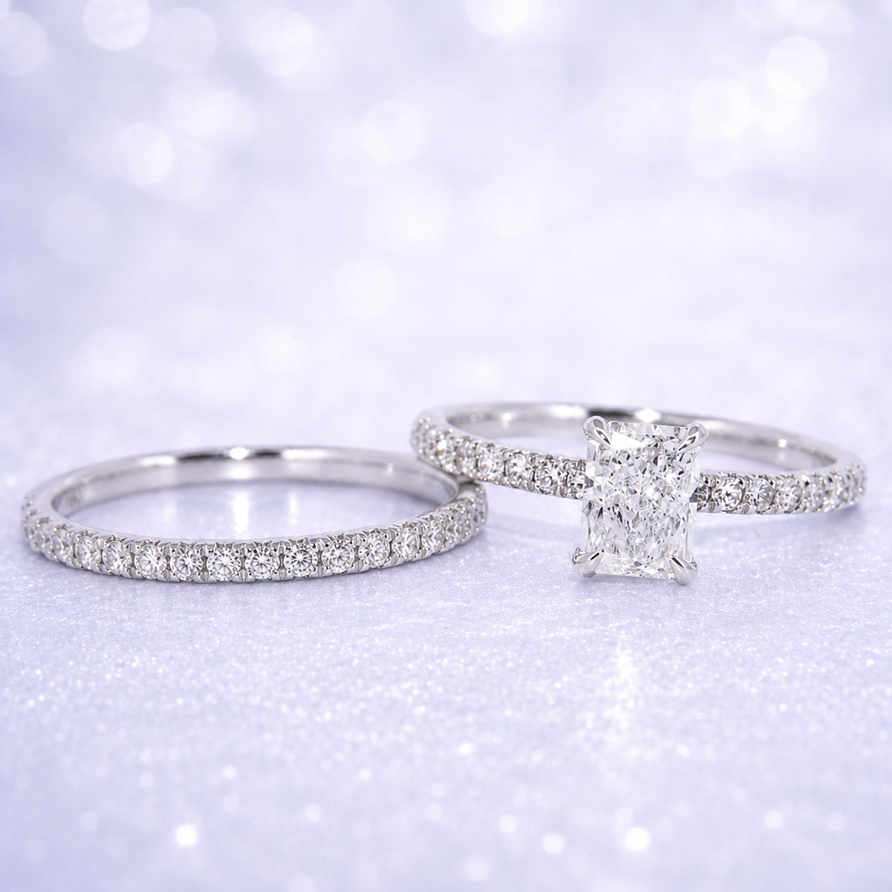 14K Gold |  White Gold Bridal Ring Set 1CT Rectangular Lab Diamond with Matching Half Eternity Wedding Band