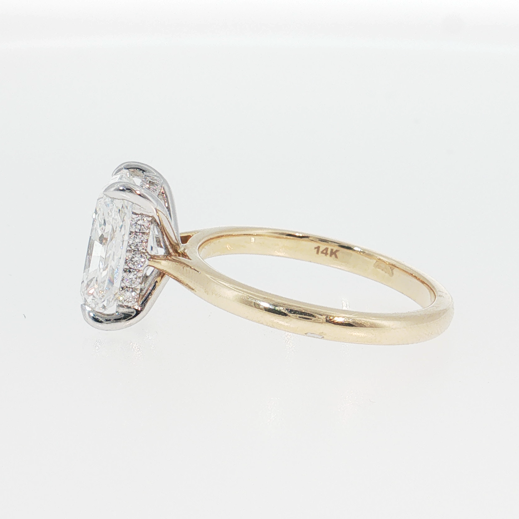 14K Gold | White and Yellow Gold 3CT Rectangular Brilliant Cut Lab Diamond with Hidden Halo and Pavé Band Engagement Ring