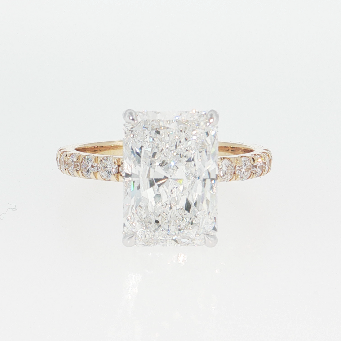 14K Gold | White and Yellow Gold 4.05CT Rectangular Brilliant Cut Lab Diamond with Hidden Halo and Pavé Band Engagement Ring