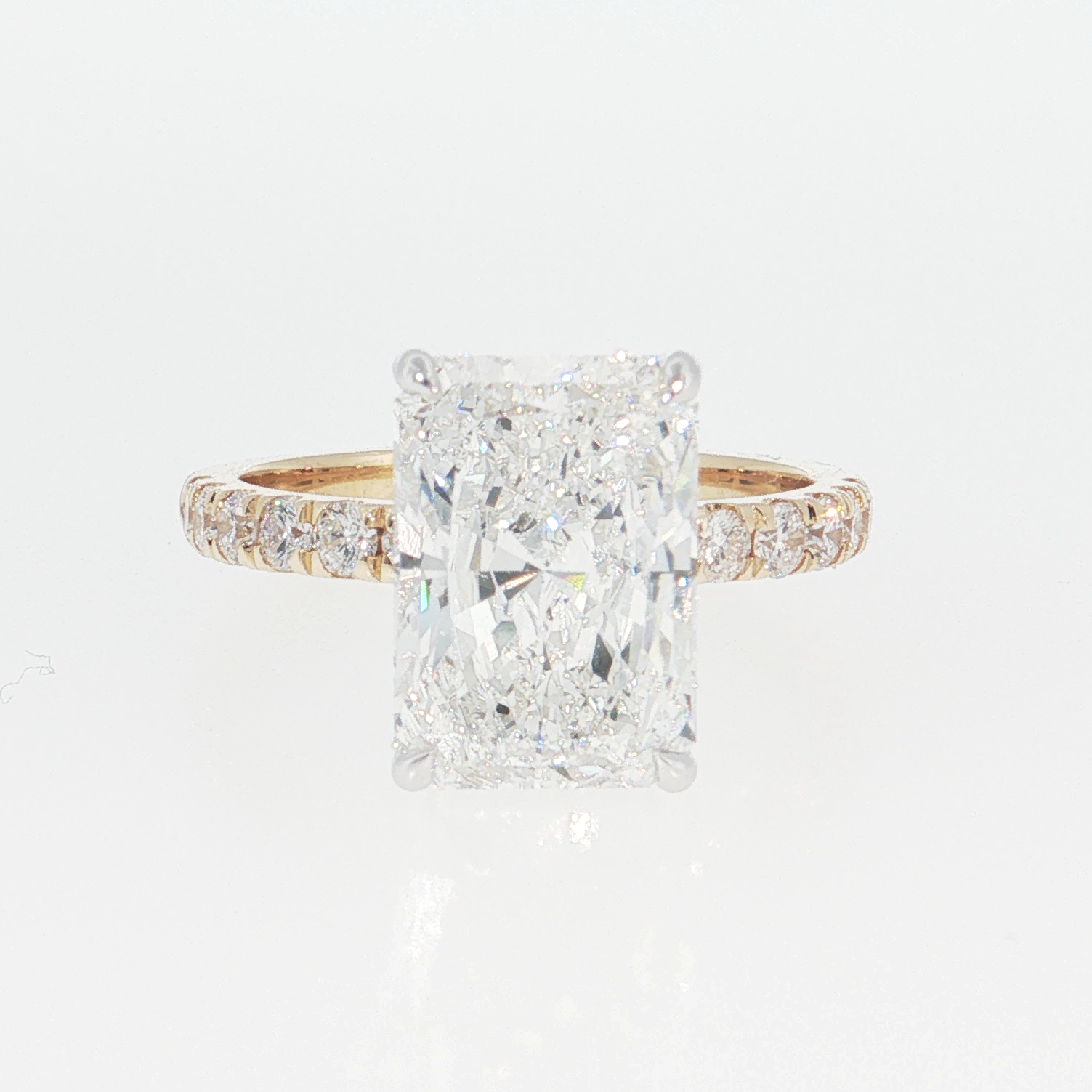 14K Gold | White and Yellow Gold 4.05CT Rectangular Brilliant Cut Lab Diamond with Hidden Halo and Pavé Band Engagement Ring
