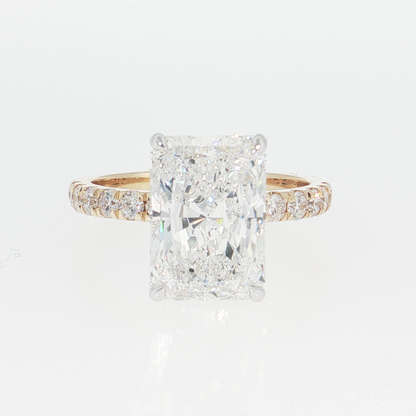 14K Gold | White and Yellow Gold 4.05CT Rectangular Brilliant Cut Lab Diamond with Hidden Halo and Pavé Band Engagement Ring