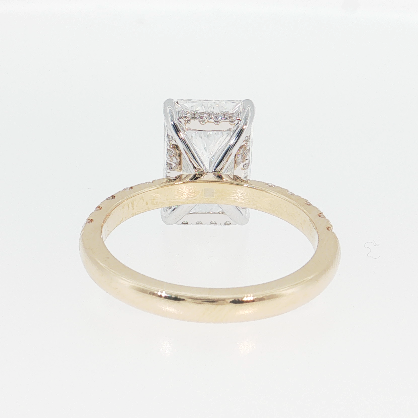 14K Gold | White and Yellow Gold 4.05CT Rectangular Brilliant Cut Lab Diamond with Hidden Halo and Pavé Band Engagement Ring
