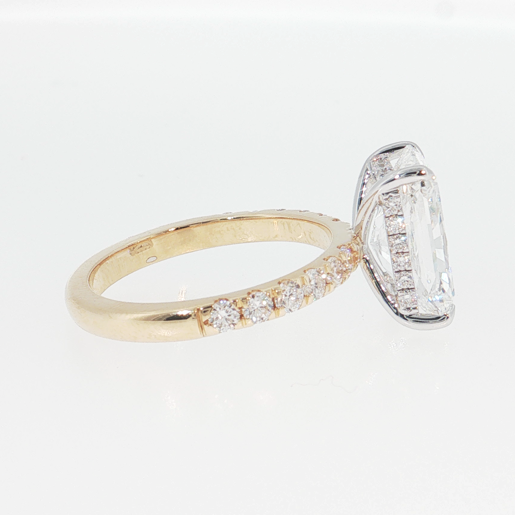 14K Gold | White and Yellow Gold 4.05CT Rectangular Brilliant Cut Lab Diamond with Hidden Halo and Pavé Band Engagement Ring