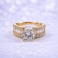 14K Gold | Wide-Band Round-Cut Engagement Ring with Baguette and Pavé Side Stones