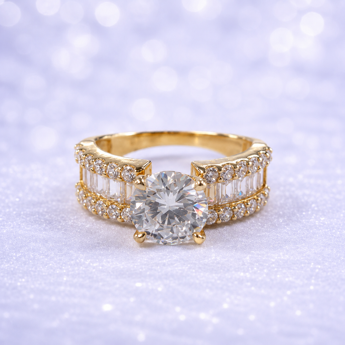 14K Gold | Wide-Band Round-Cut Engagement Ring with Baguette and Pavé Side Stones