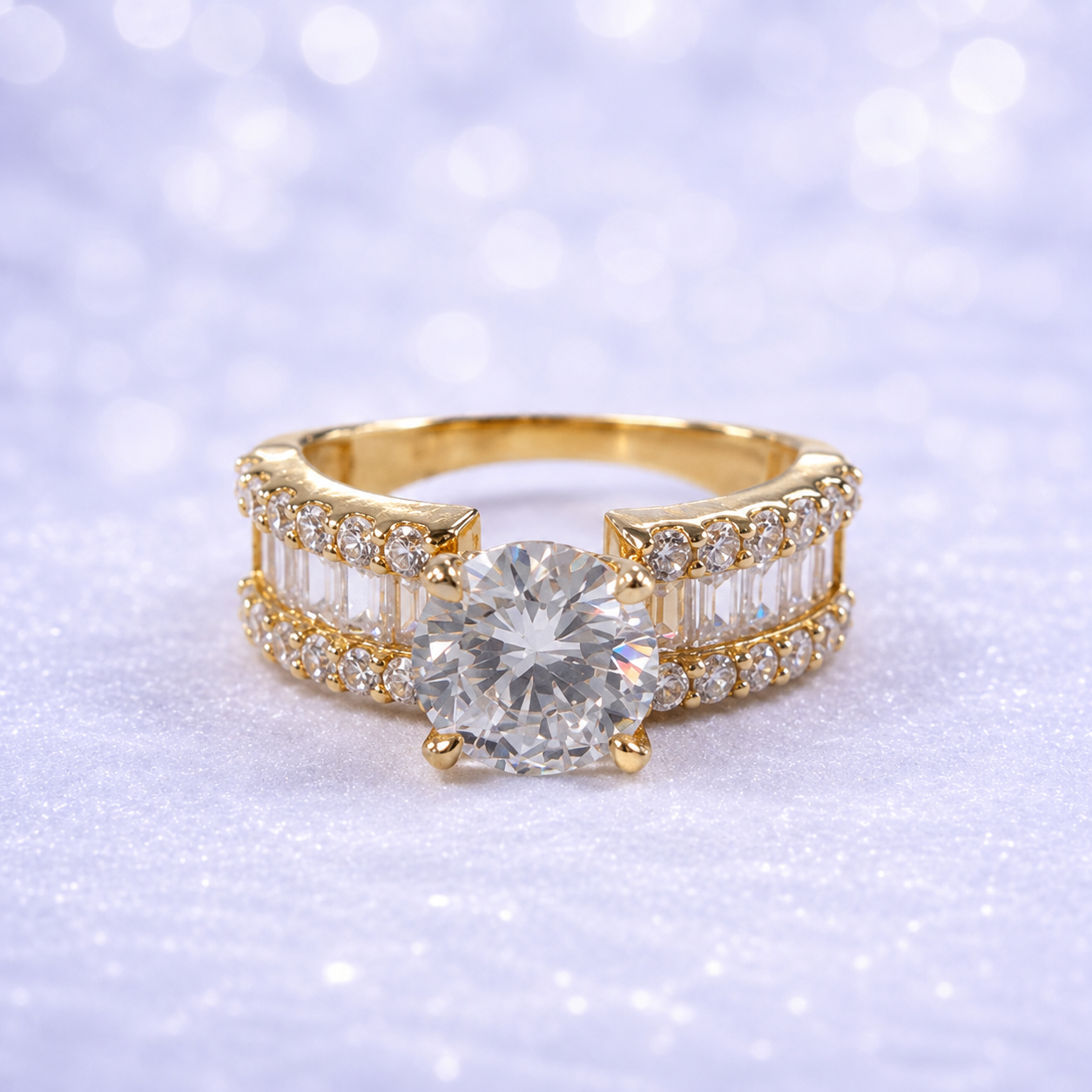 14K Gold | Wide-Band Round-Cut Engagement Ring with Baguette and Pavé Side Stones