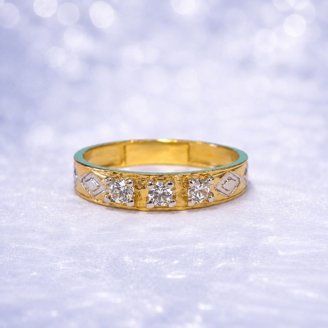 14K Gold | Women's CZ Wedding Band with Three Round Stones & Decorative Side Motifs