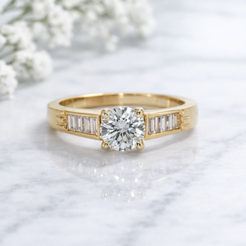14K Gold | YG .92ct Round Natural Diamond with .08cttw Channel-Set Baguette Shank Engagement Ring