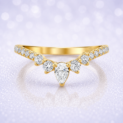 14K Gold | YG 0.46ctw Diamond V Contour Ring – Pear & Round Diamonds Wedding Band