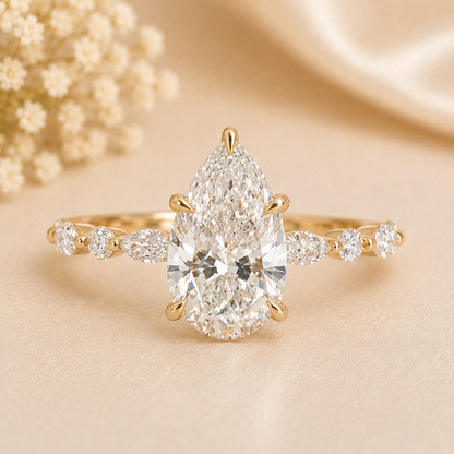 14K Gold | YG 2.98CT Pear Accented Band Lab Diamond Engagement Ring