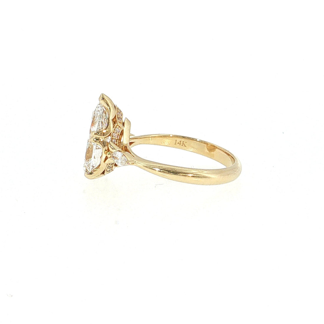 Gold ring with diamonds on a white background 14K Gold | YG 3.01 CT Lab Pear w/ .13ct  Natural Marquise Diamond Accents & .05ct Round Halo