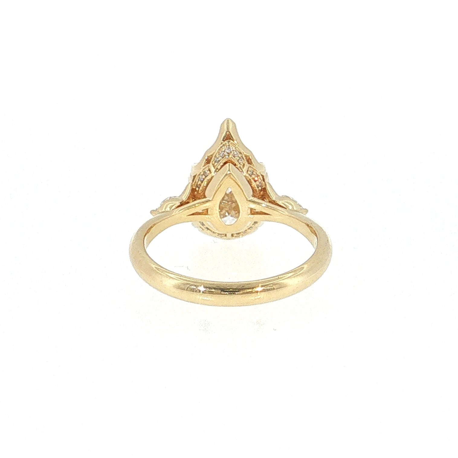 Gold ring with a decorative design  on a white background 14K Gold | YG 3.01 CT Lab Pear w/ .13ct  Natural Marquise Diamond Accents & .05ct Round Halo