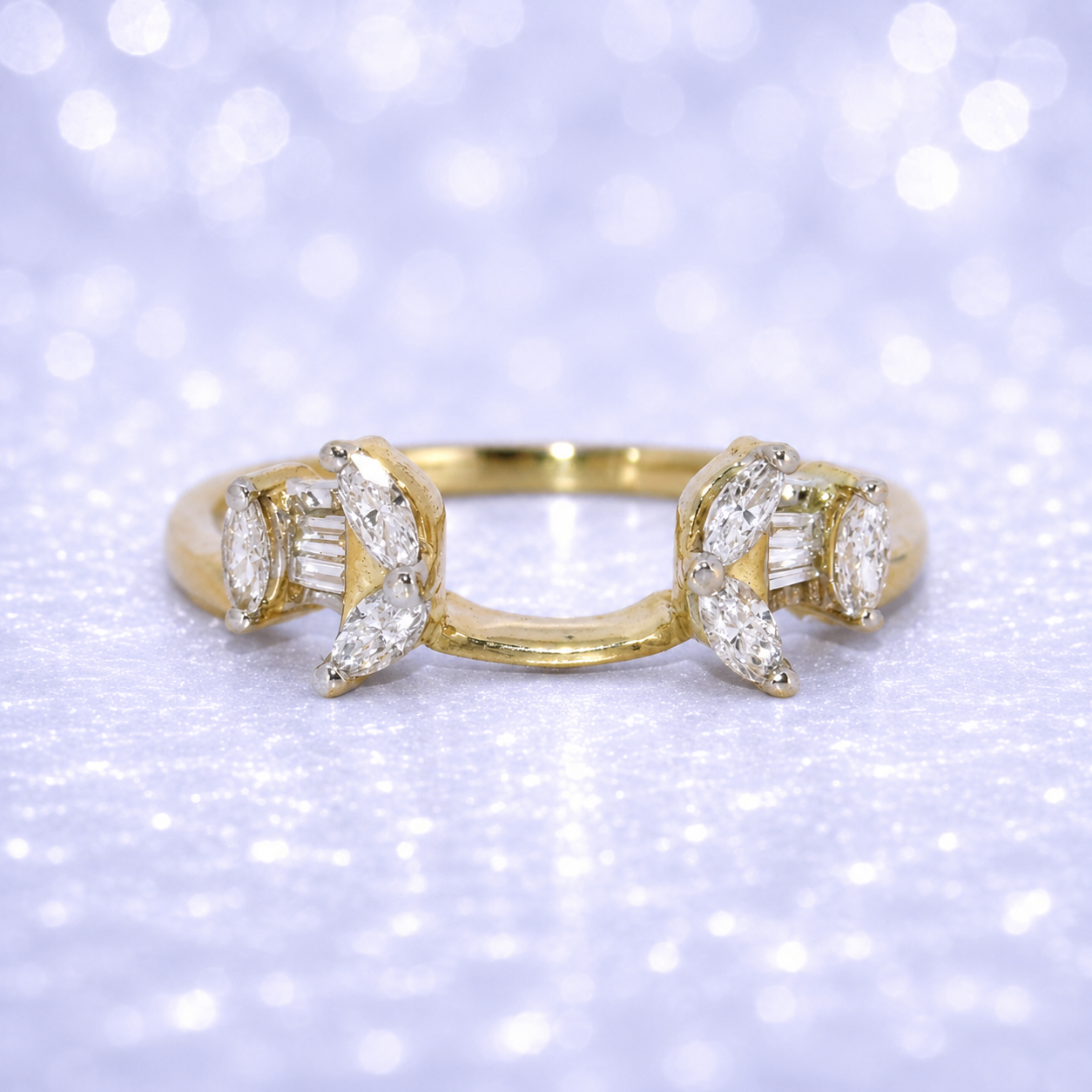 Gold ring with diamond accents on a sparkling white background 14K Gold | YG Diamond Flower Ring Enhancer