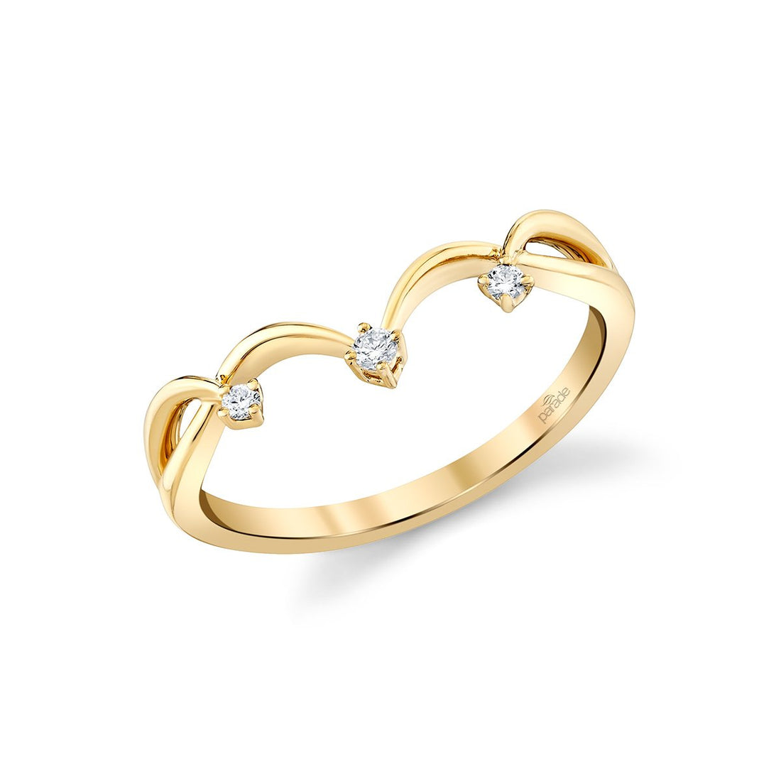 Gold heart-shaped ring with diamonds on a white background